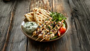 Herb Chicken Souvlaki skewers with Tzatziki sauce and warm pita bread on a rustic wooden table, garnished with fresh herbs and vegetables